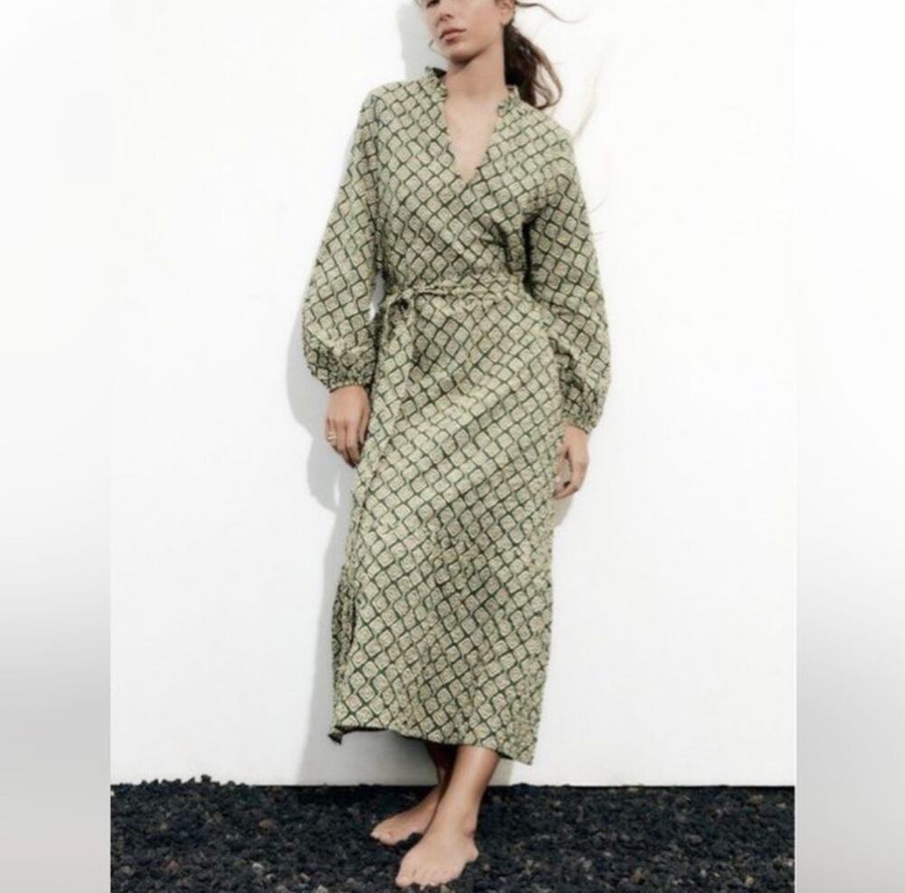 Zara Green Cream Geometric Print Long Sleeve C-Neck Tie Waist Midi Dress Size L